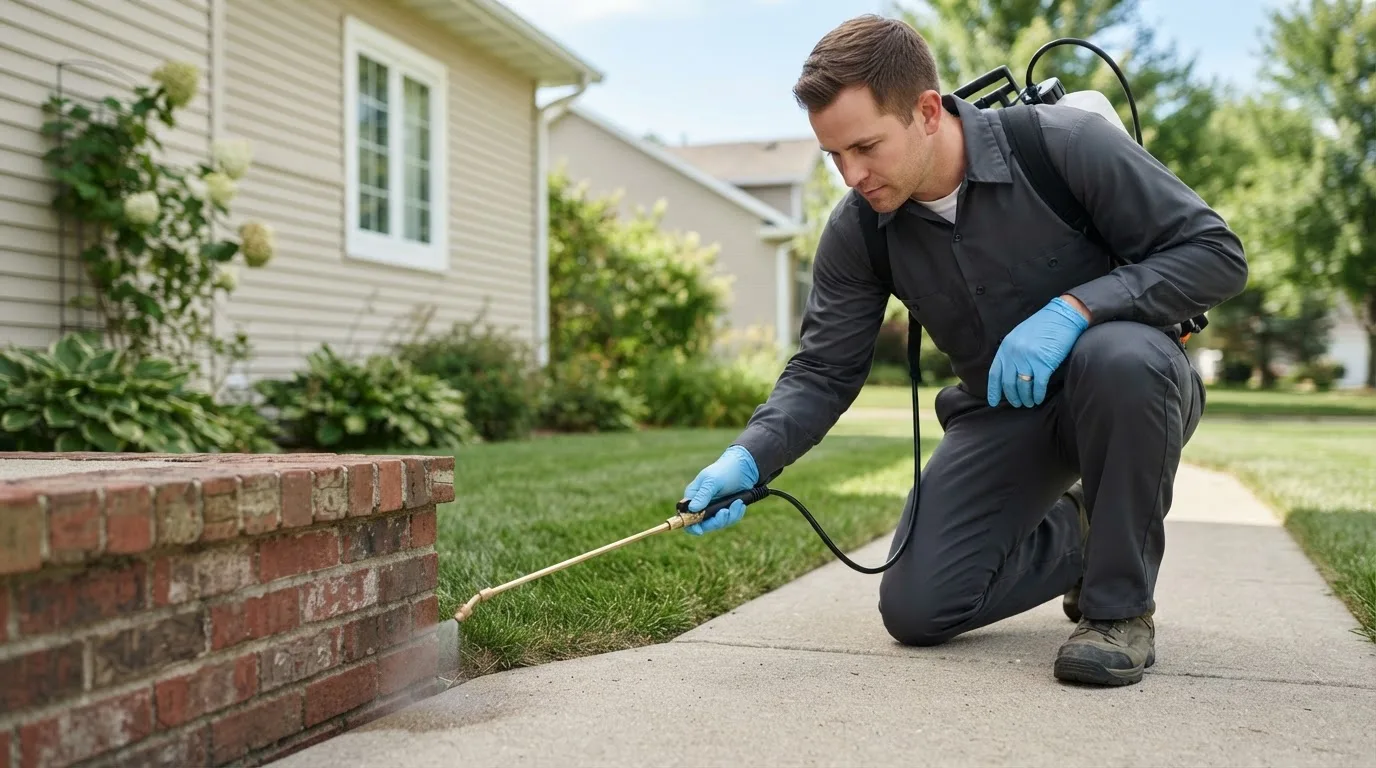 Pest control technician treating a home near New Holland, OH