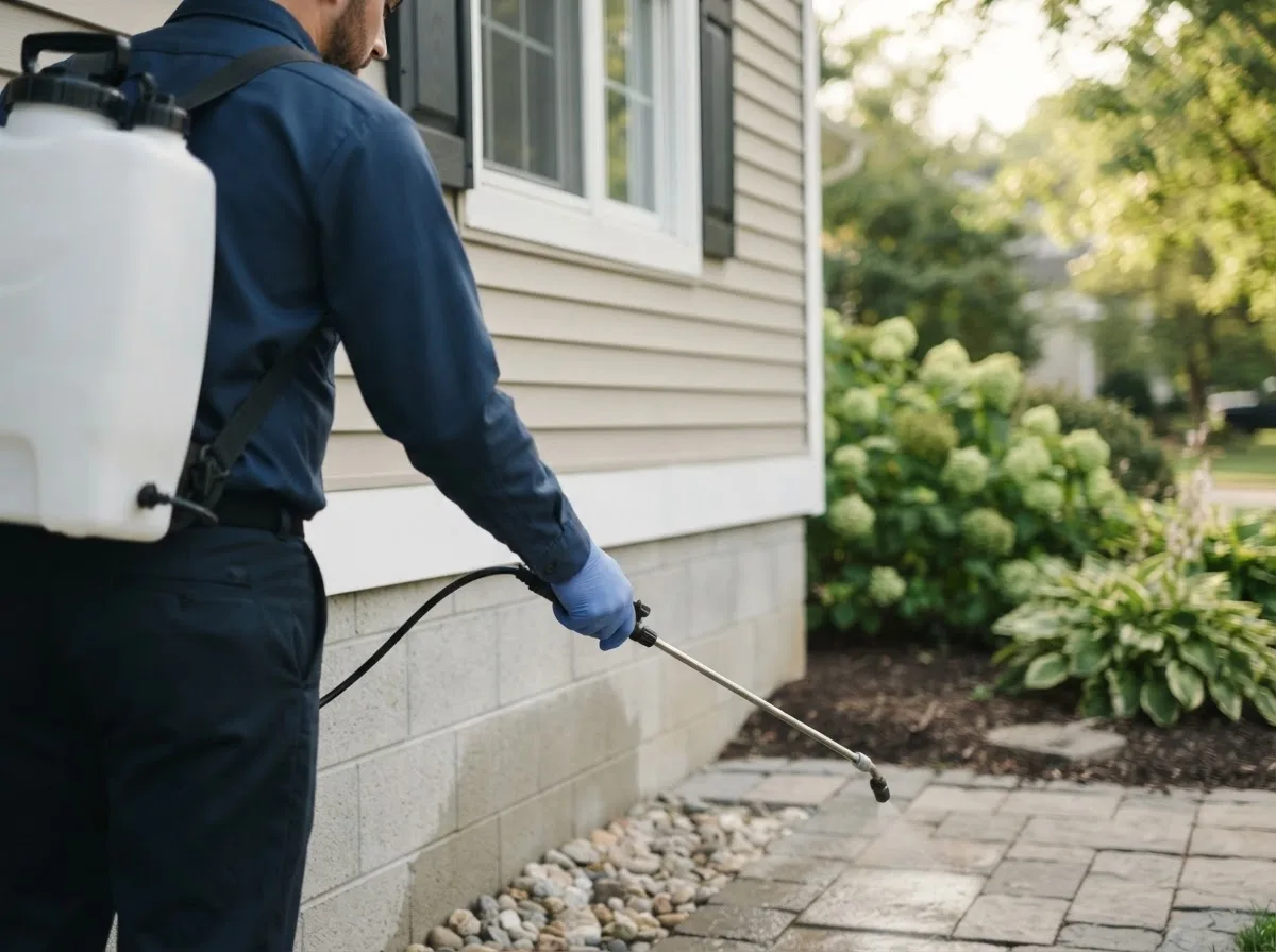 Pest control technician inspecting a home in New Holland, OH